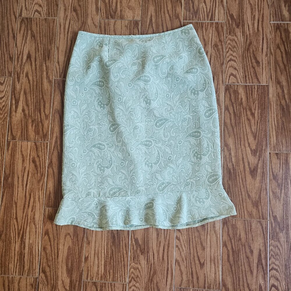 Sage Green Paisley Midi Skirt | Size 10 | Boho Print Flowing Skirt